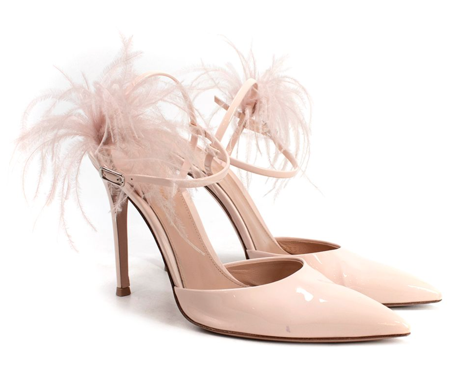 Preowned Gianvito Rossi Simone 100 Feather-Trimmed Patent-Leather Pumps Size 37 Blush Pink leather/feather