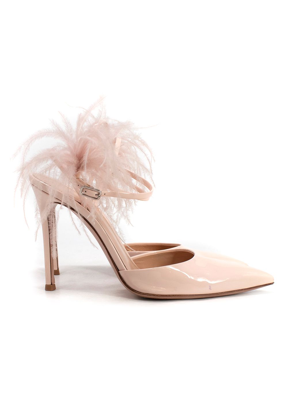 Preowned Gianvito Rossi Simone 100 Feather-Trimmed Patent-Leather Pumps Size 37 Blush Pink leather/feather