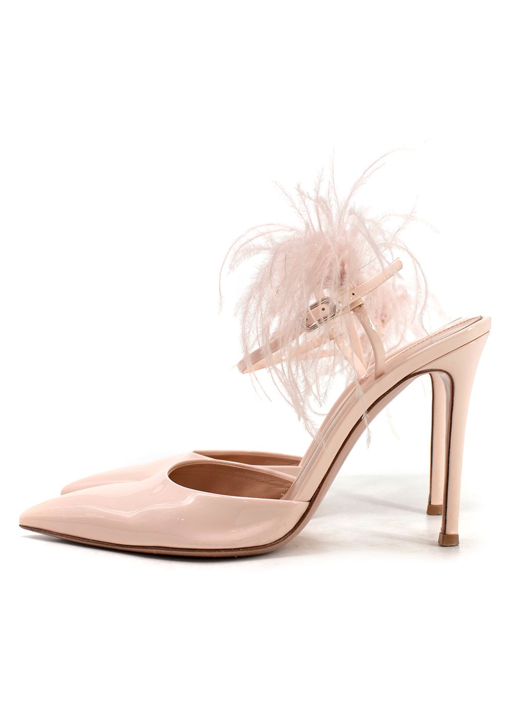 Preowned Gianvito Rossi Simone 100 Feather-Trimmed Patent-Leather Pumps Size 37 Blush Pink leather/feather