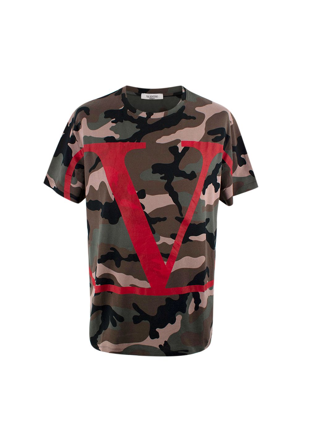 Men's Preowned Valentino Camo T-Shirt with Red VLogo Size L khaki red cotton