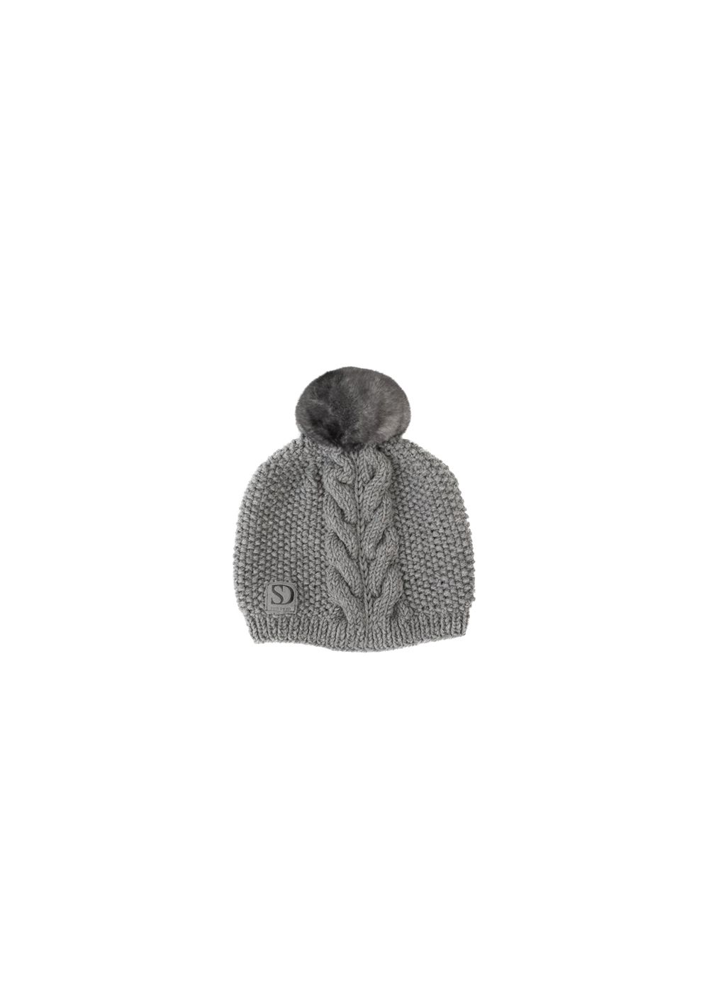 FurbySD Grey Cable Knit Beanie with Fur Pom Pom