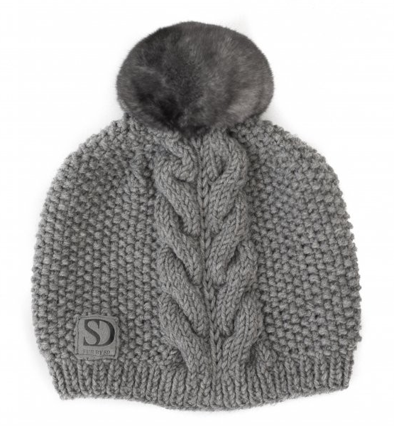 FurbySD Grey Cable Knit Beanie with Fur Pom Pom