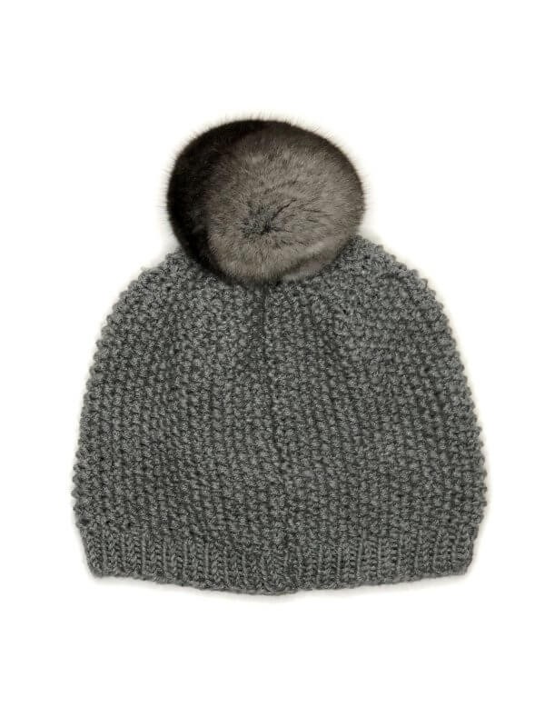 FurbySD Grey Cable Knit Beanie with Fur Pom Pom