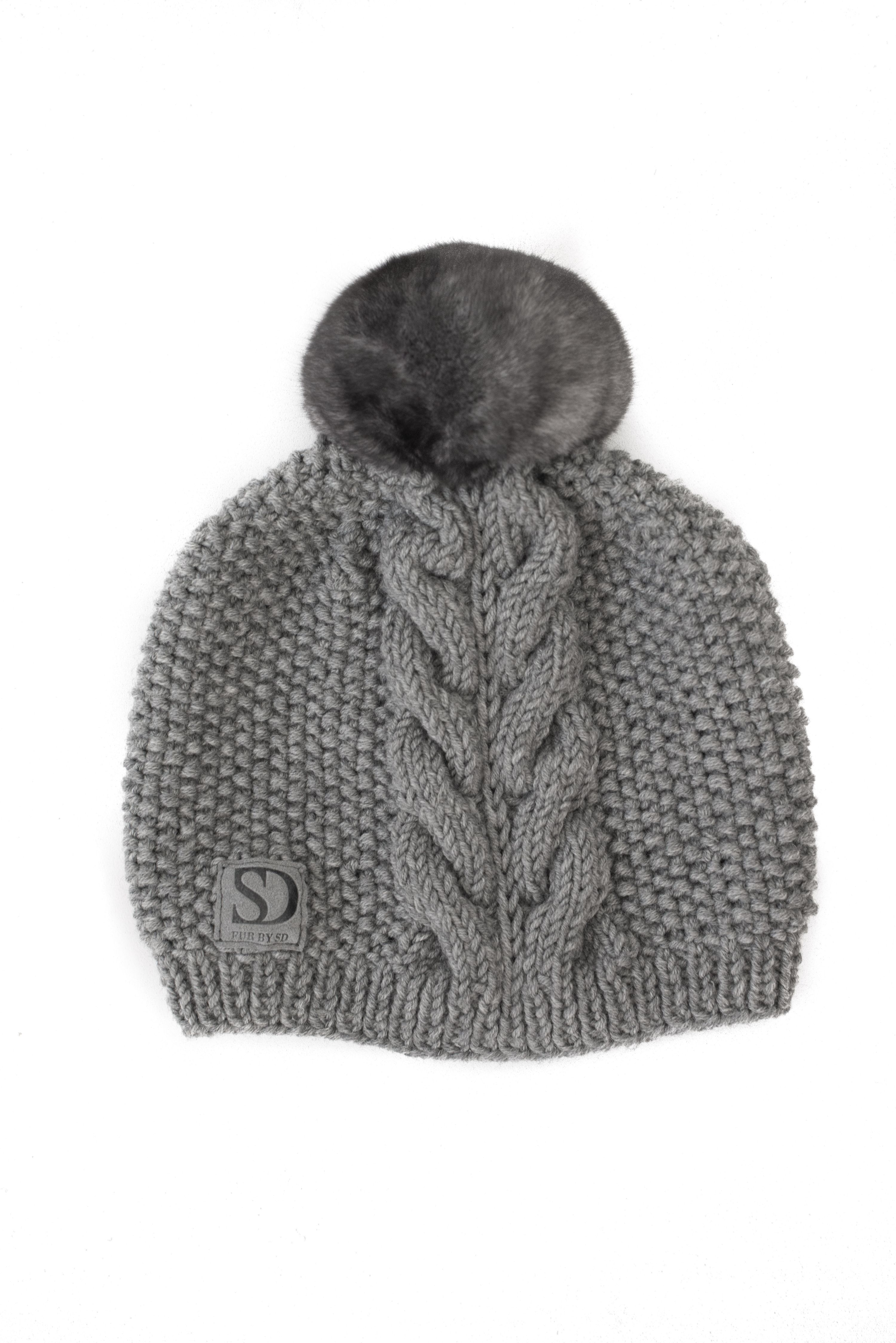 FurbySD Grey Cable Knit Beanie with Fur Pom Pom