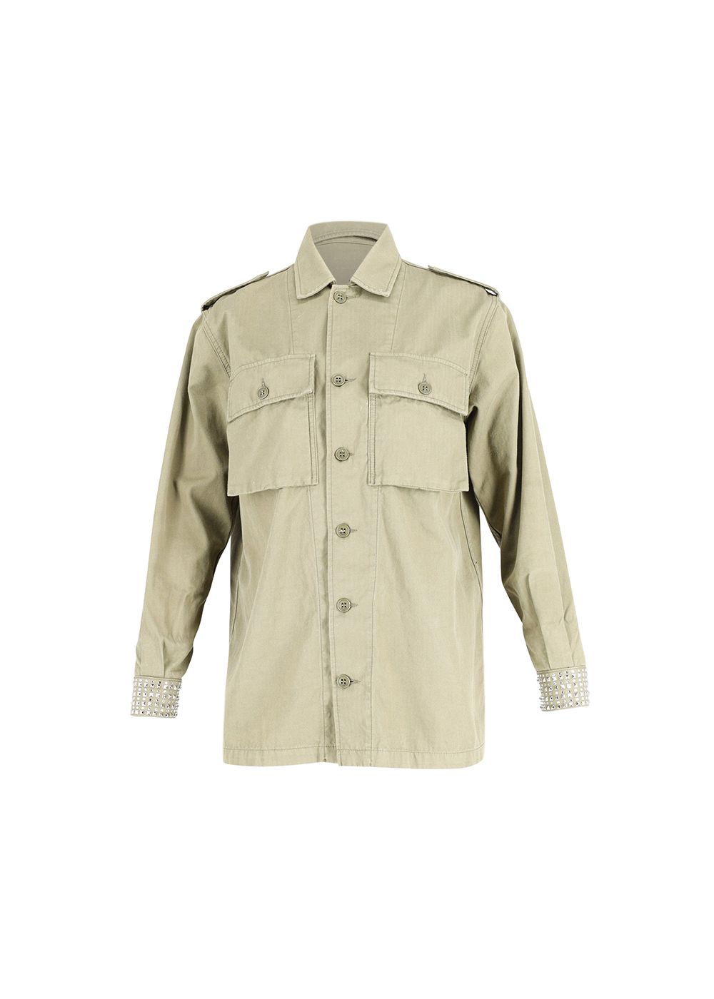 Preowned Saint Laurent Embellished Cuff Utility Shirt Size L green | khaki cotton