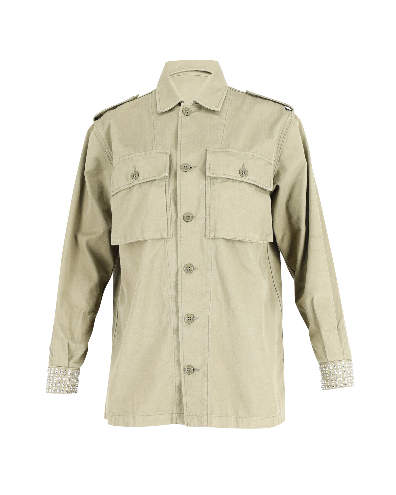 Preowned Saint Laurent Embellished Cuff Utility Shirt Size L green | khaki cotton