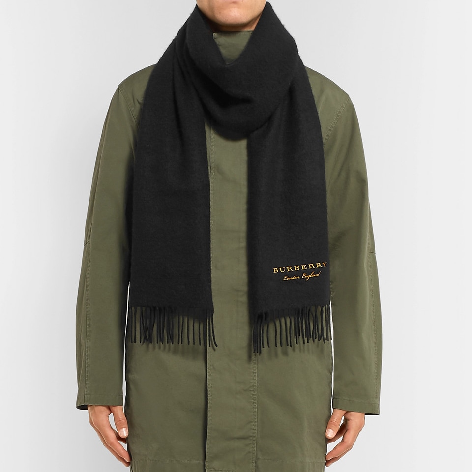 Men's Burberry Black Cashmere Fleece Embroidered Scarf