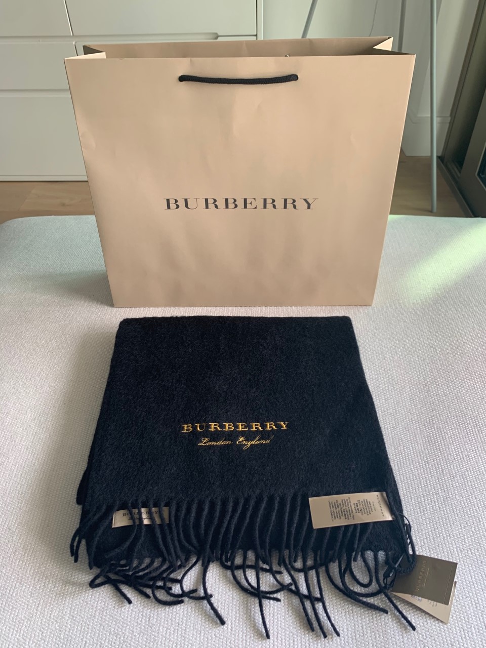 Men's Burberry Black Cashmere Fleece Embroidered Scarf