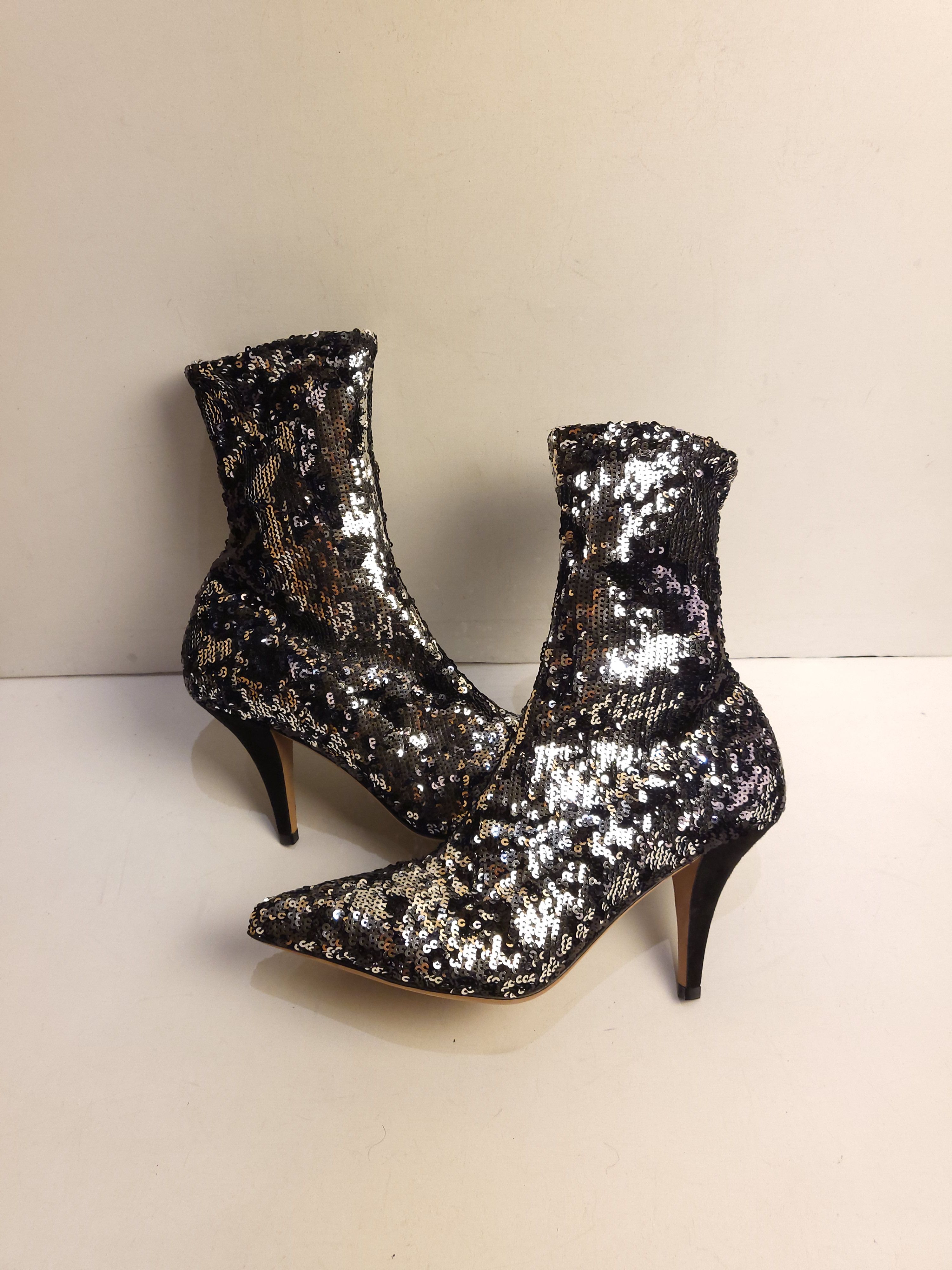 Preowned Valentino Silver Sequin Ankle Boots Size 37