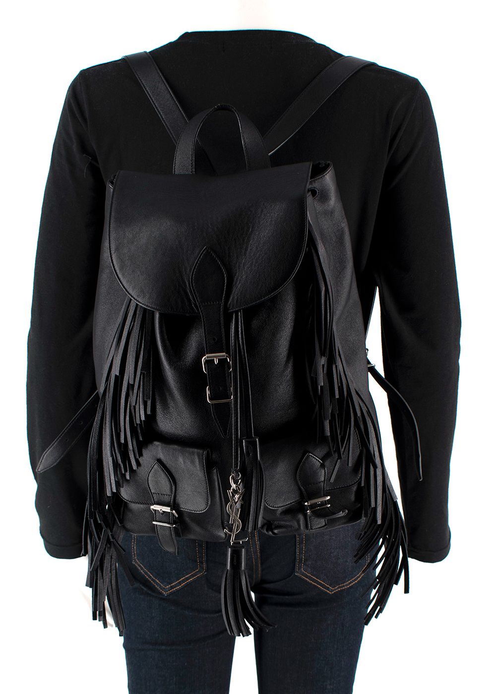 Saint Laurent Black Festival Fringe  Leather Backpack