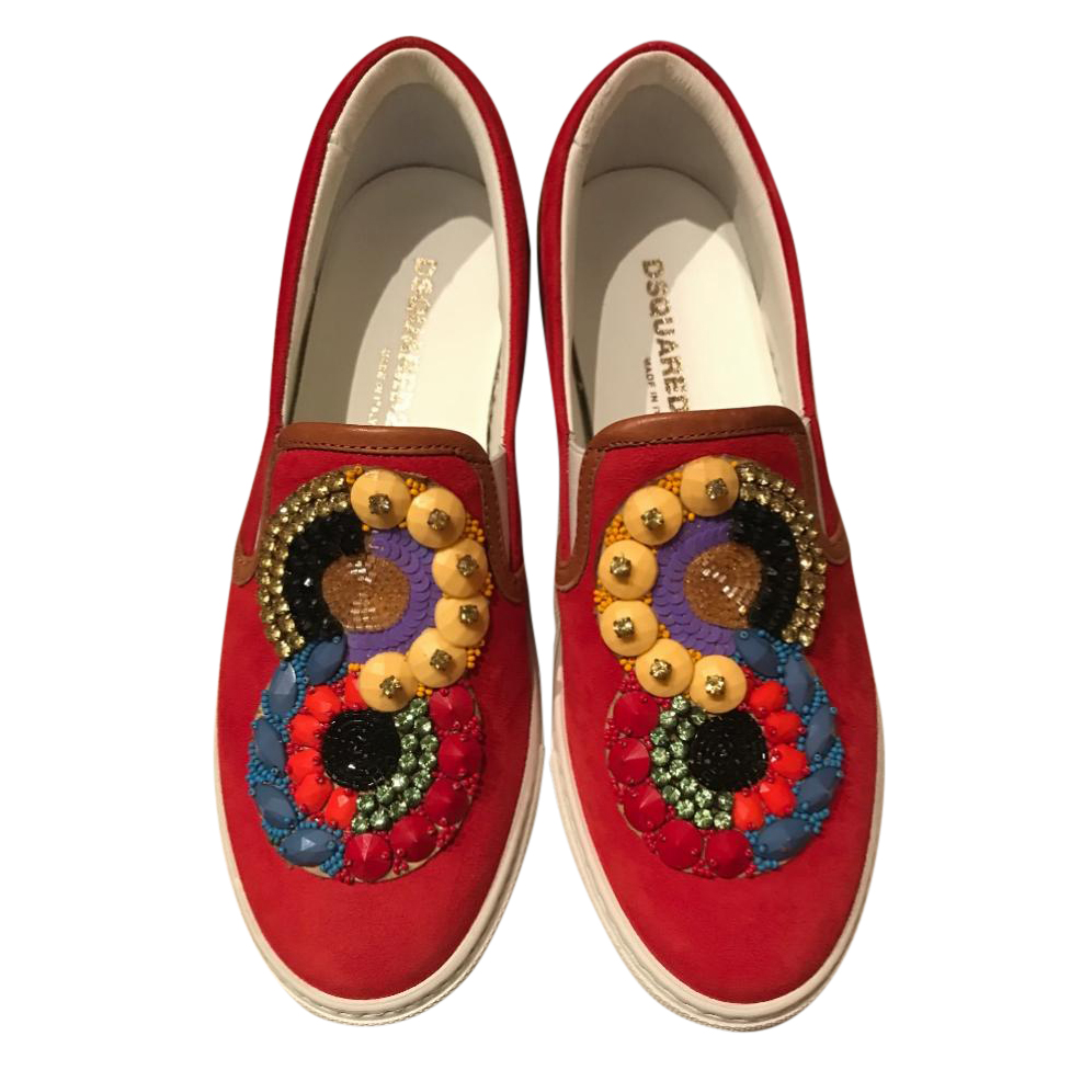 DSquared red embellished suede slip-on trainers Size 38