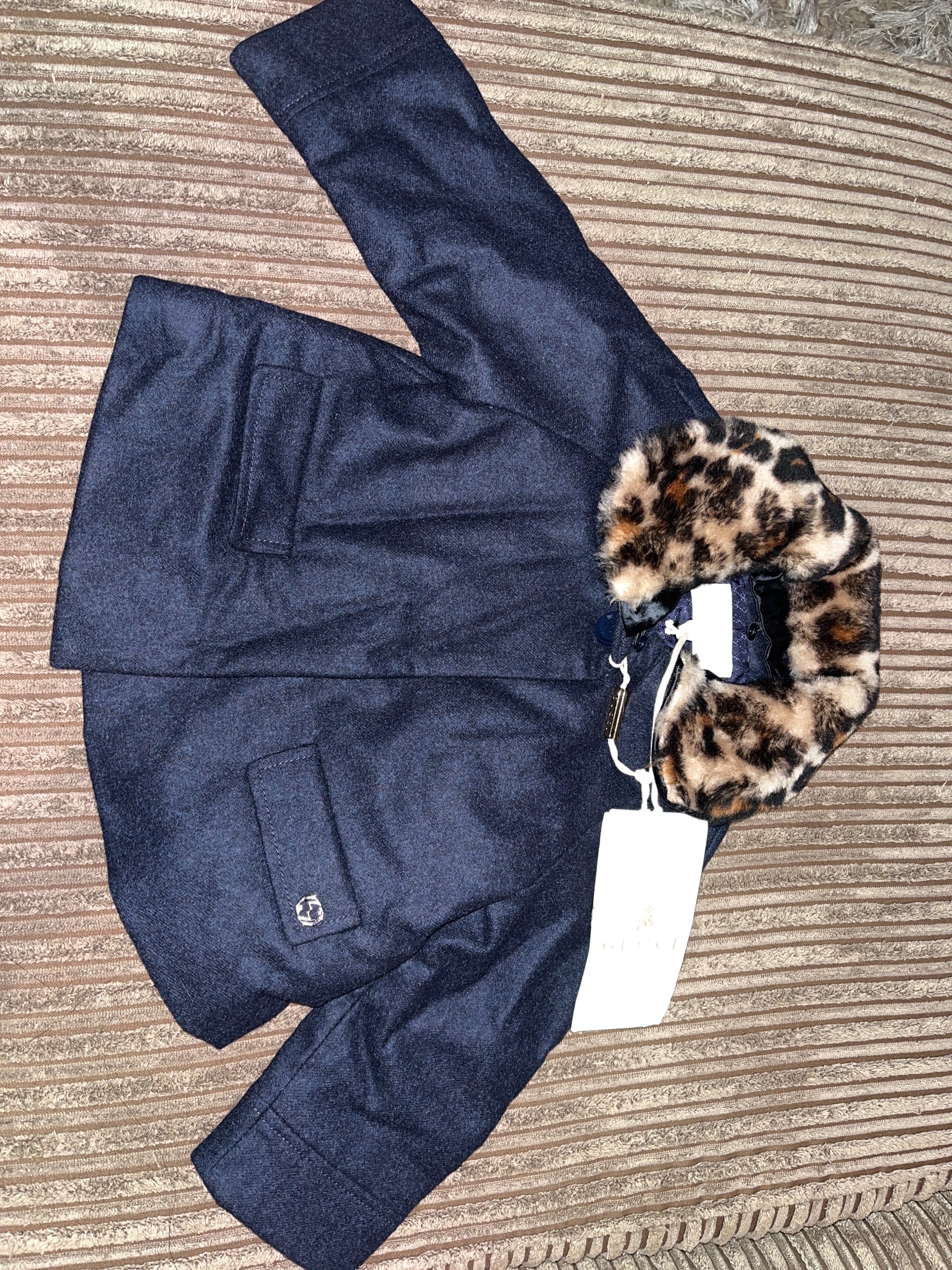 Boys Gucci Navy wool faux leopard collar coat Size 9-12 Months