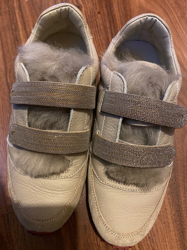 Preowned Brunello Cucinelli Sneakers with Fur Tongue  Monilli Bead Straps Size 375 Beige/Nude