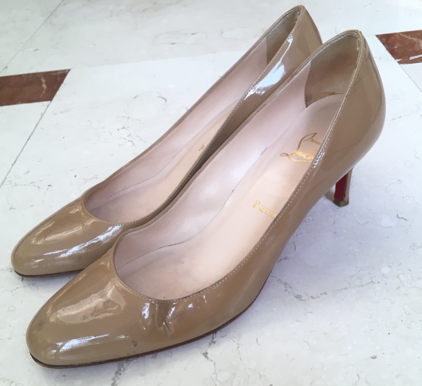 Preowned Christian Louboutin Nude Low Heeled Patent Pumps Size 385 Tan/Brown leather