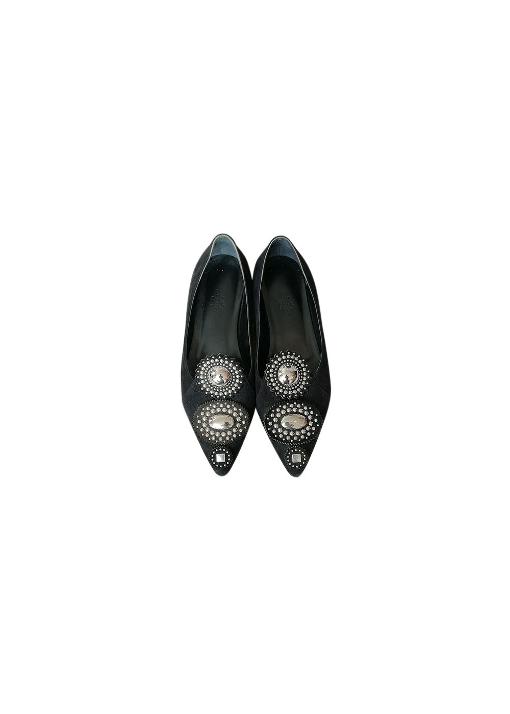 Preowned Hermes Black Embellished Suede Ballerinas Size 37