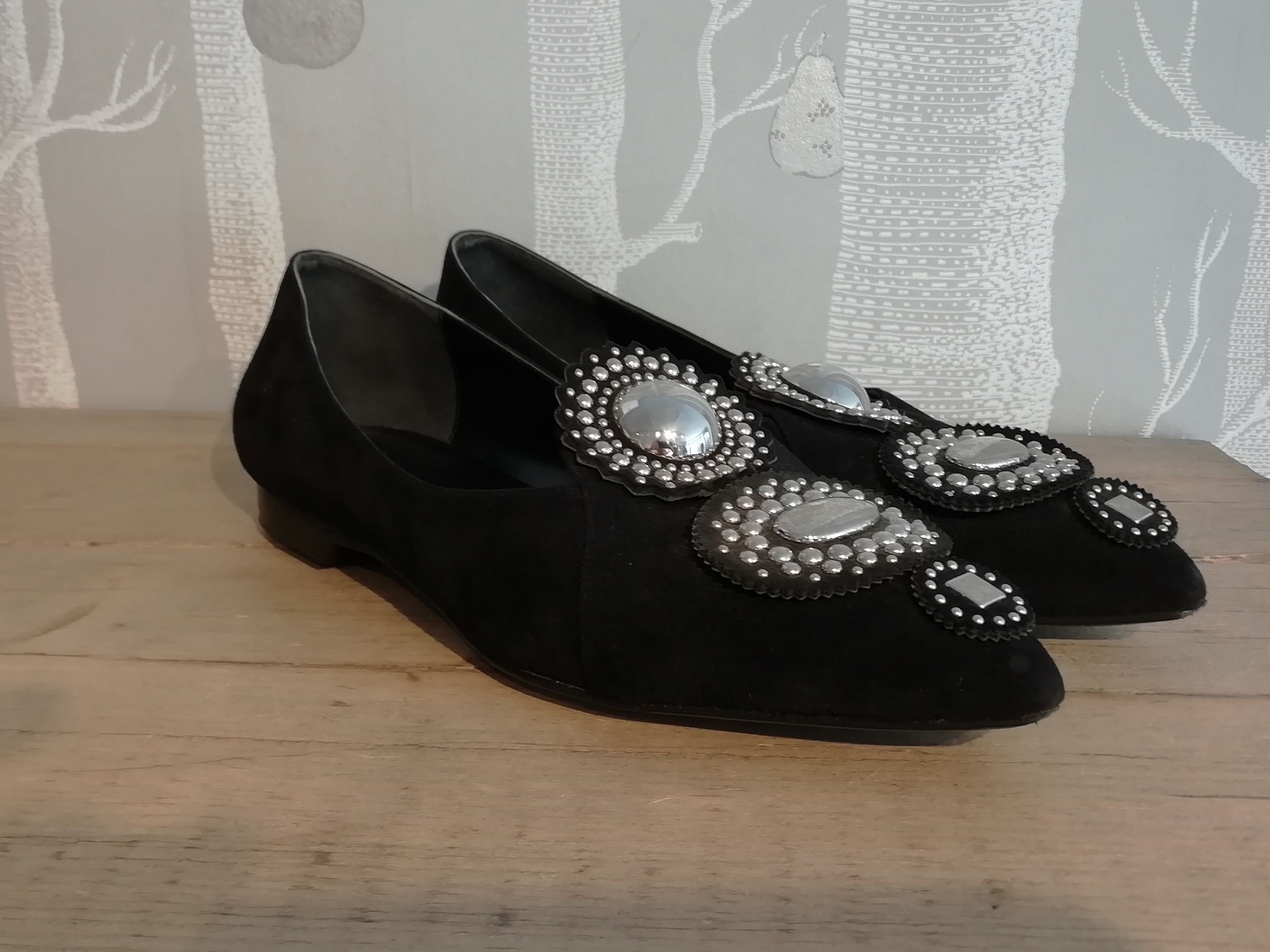 Preowned Hermes Black Embellished Suede Ballerinas Size 37