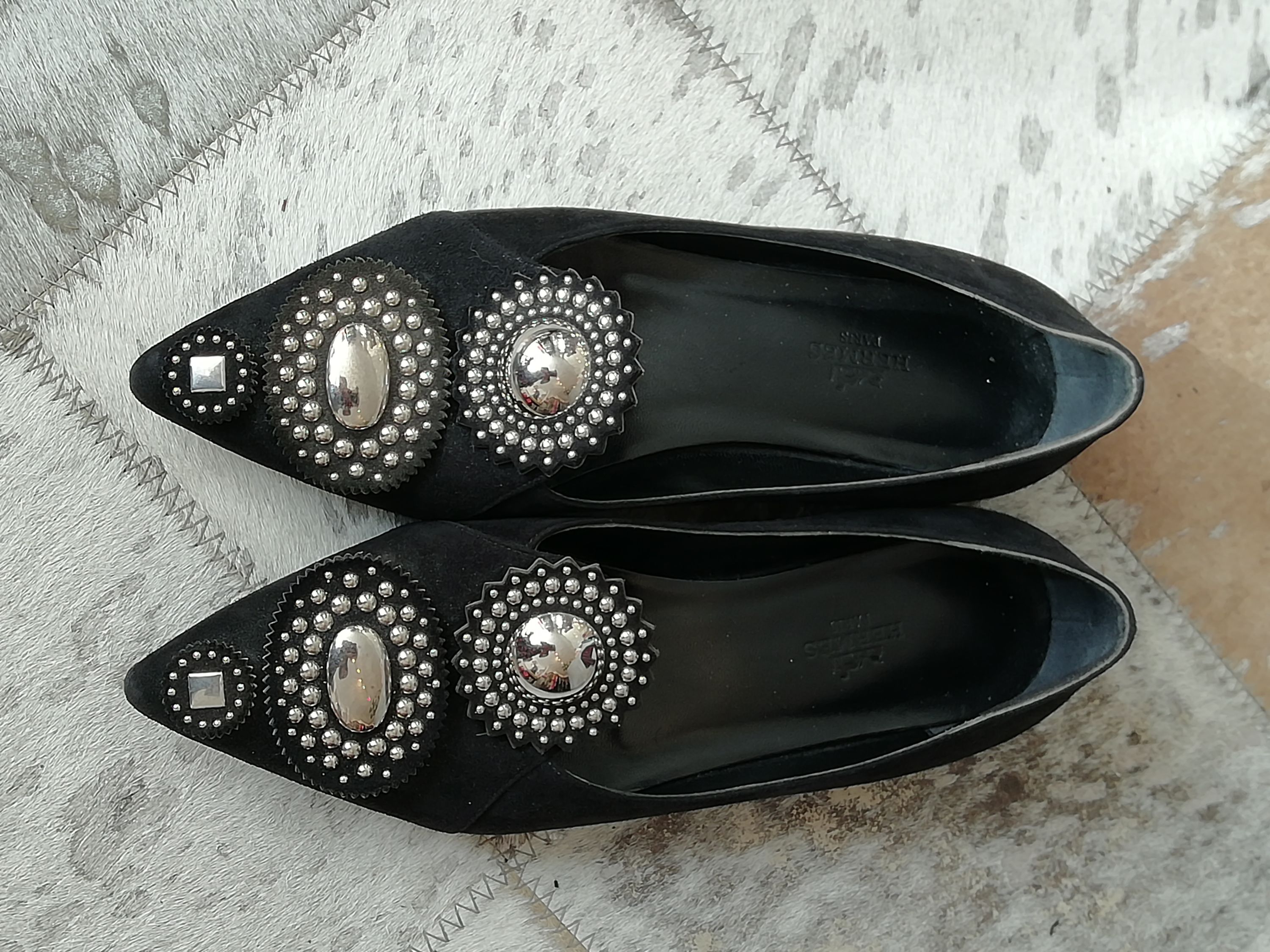 Preowned Hermes Black Embellished Suede Ballerinas Size 37