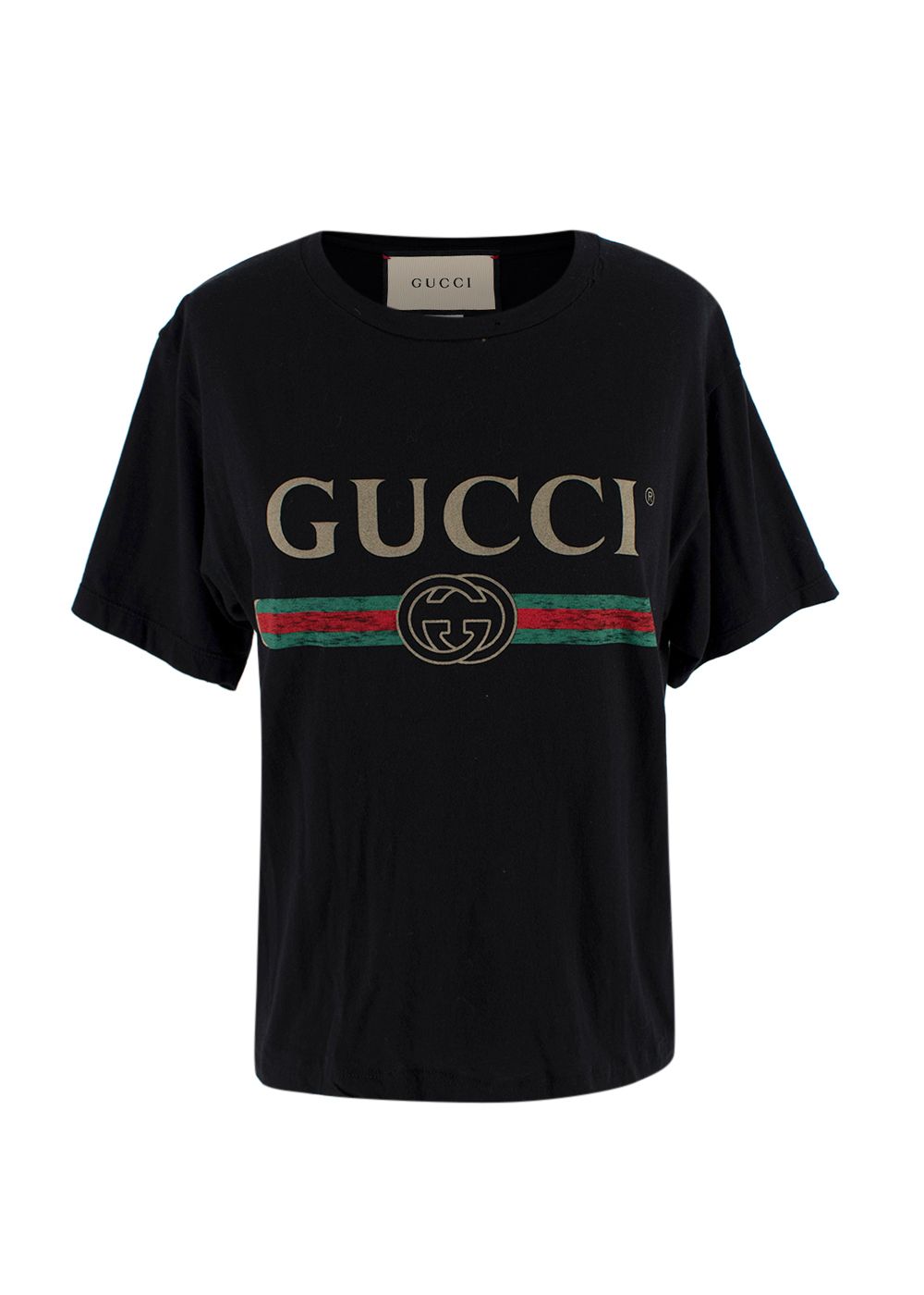 Preowned Gucci Black Washed Logo Distressed T-Shirt Size XXS cotton