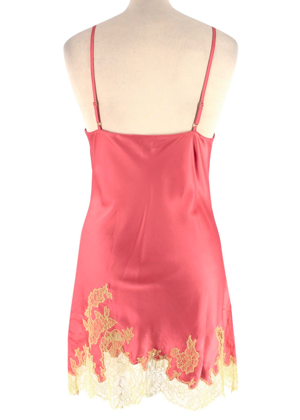 Preowned Agent Provocateur Salmon Pink Silk Lime Lace Night Dress Size XS salmon pink green