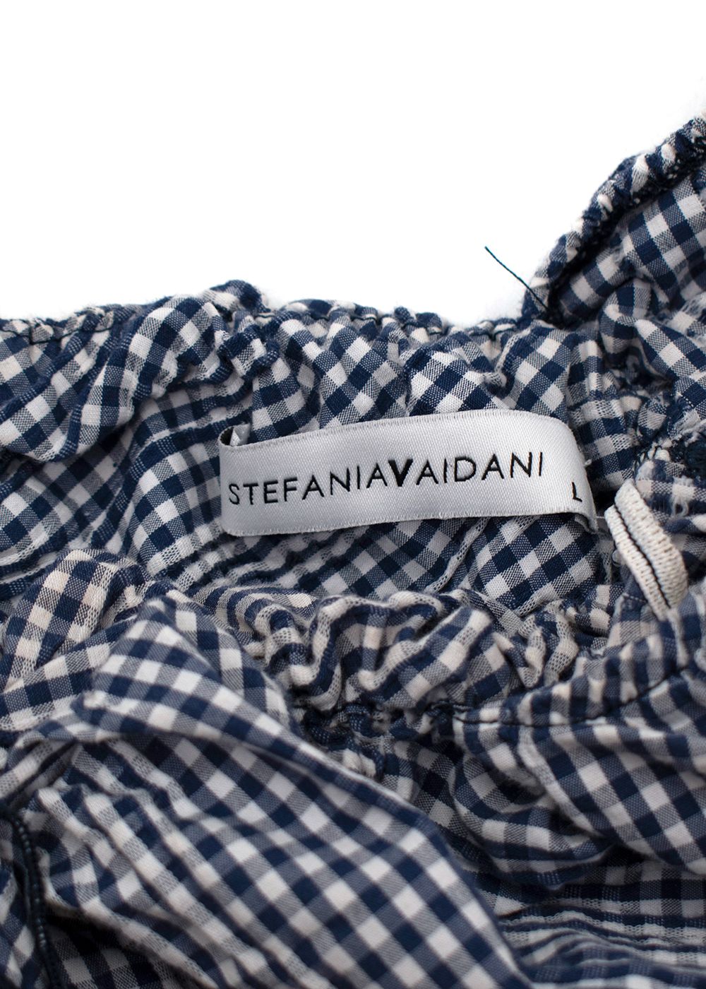 Preowned Stefania Vaidani Gingham Printed Puff Sleeve Mini Dress Size L Navy and white gingham cotton