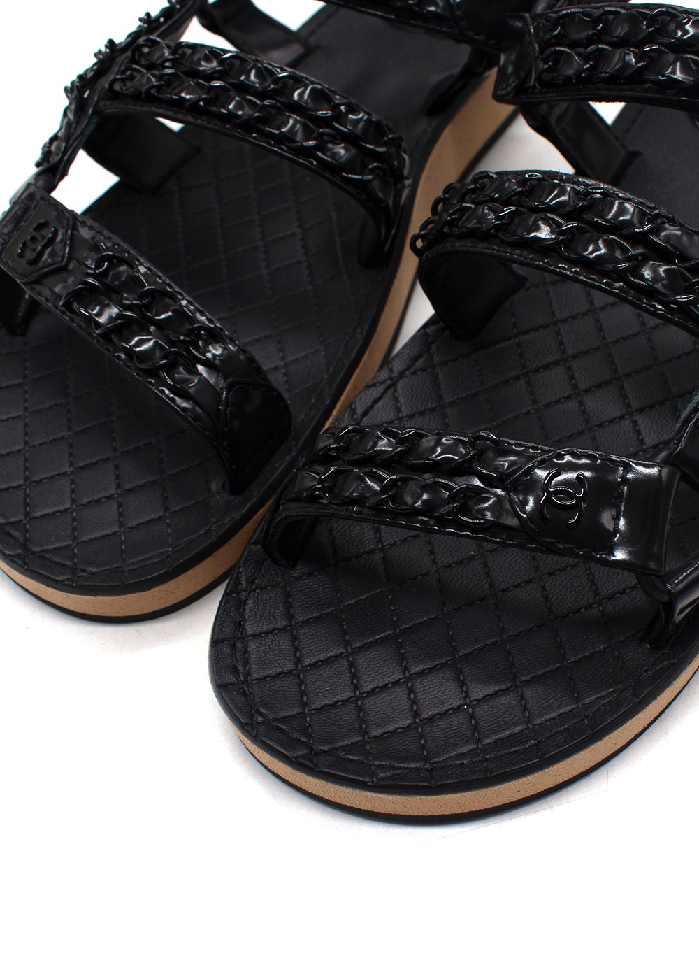 Chanel Black Patent Leather Chain Dad Sandals Size 38 lambskin leather