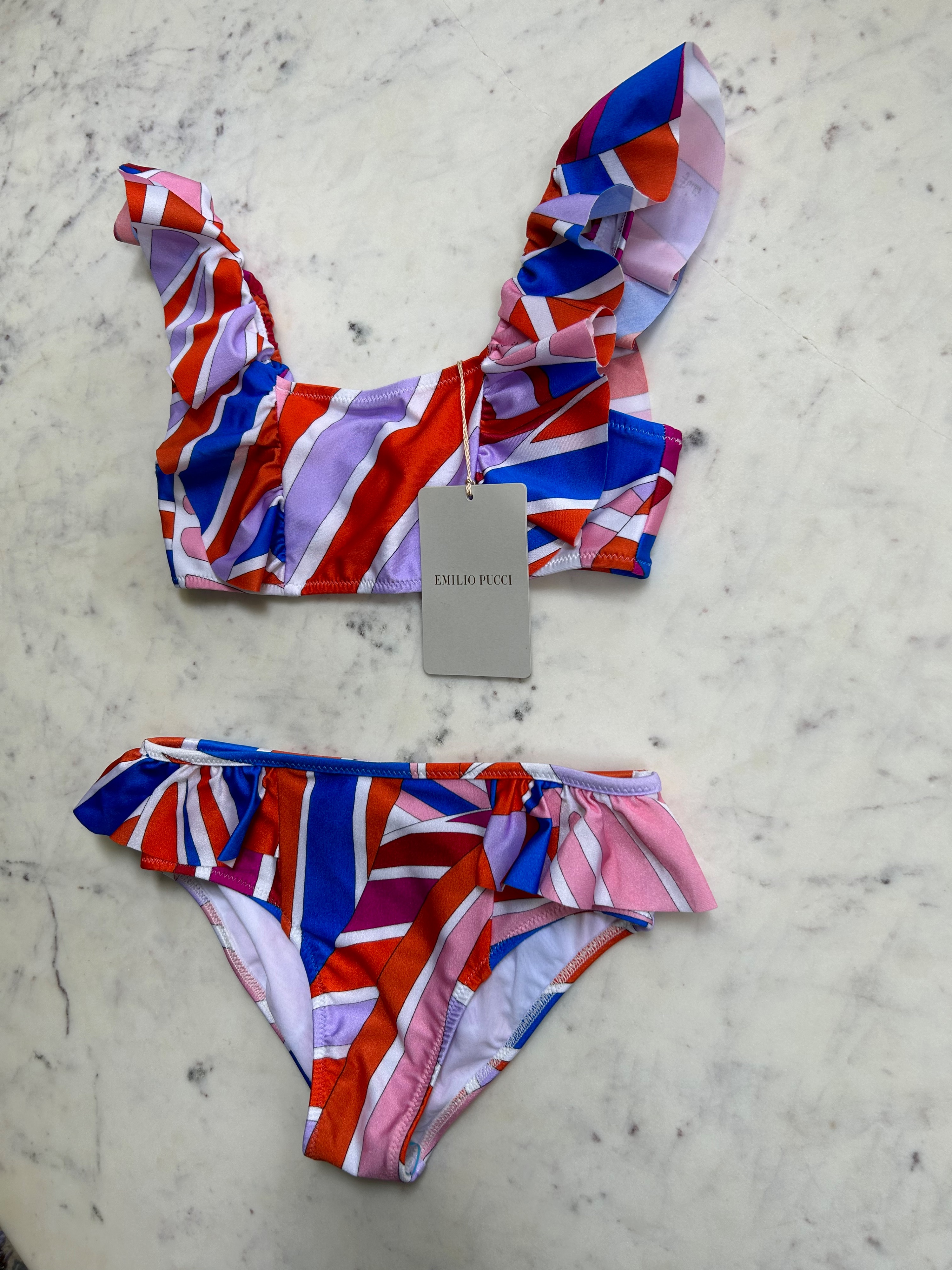 Boys Emilio Pucci Multicoloured Abstract Printed Ruffled Bikini Size 10 Years + Multicolour polyamide/elastane