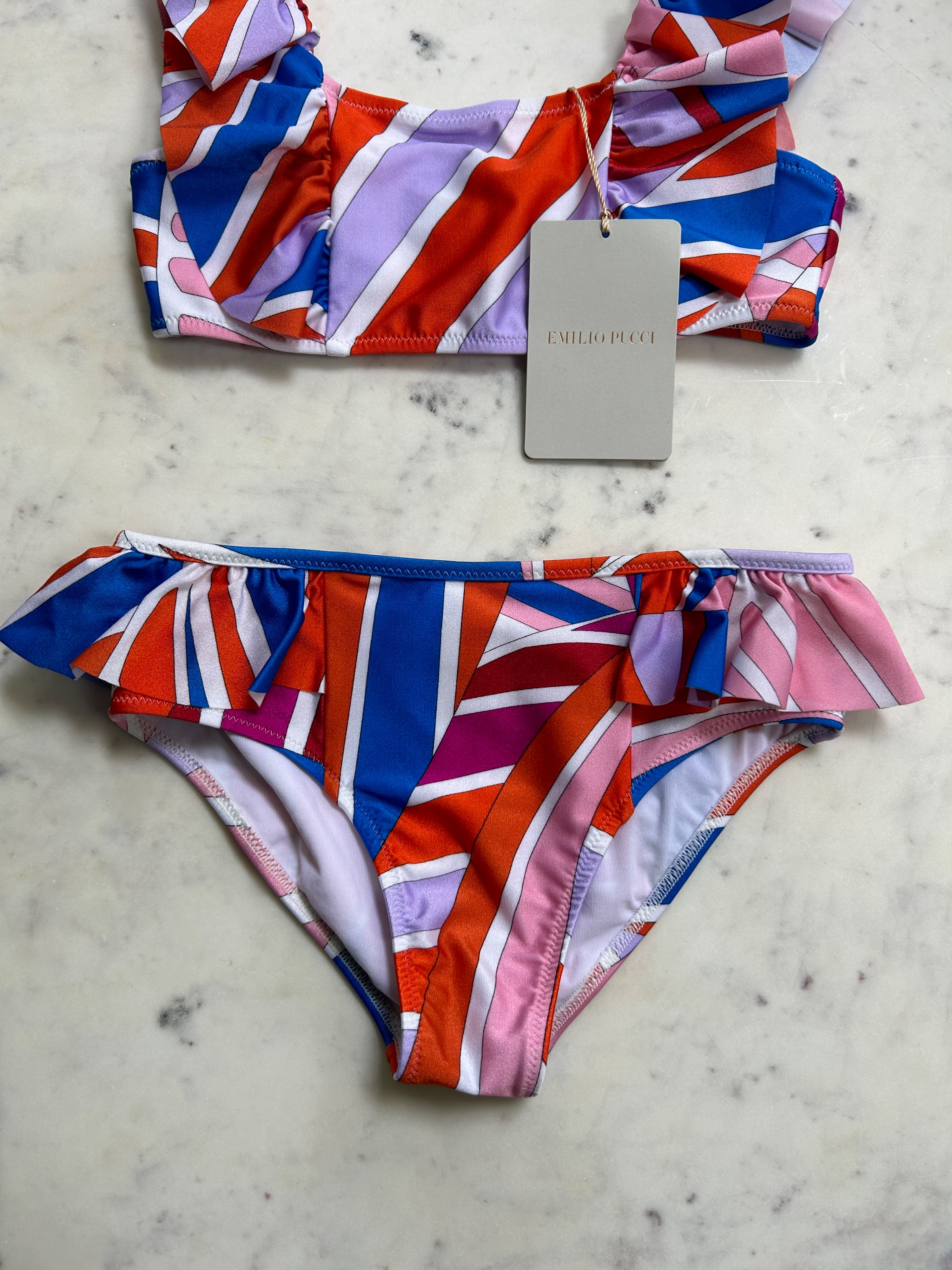 Boys Emilio Pucci Multicoloured Abstract Printed Ruffled Bikini Size 10 Years + Multicolour polyamide/elastane