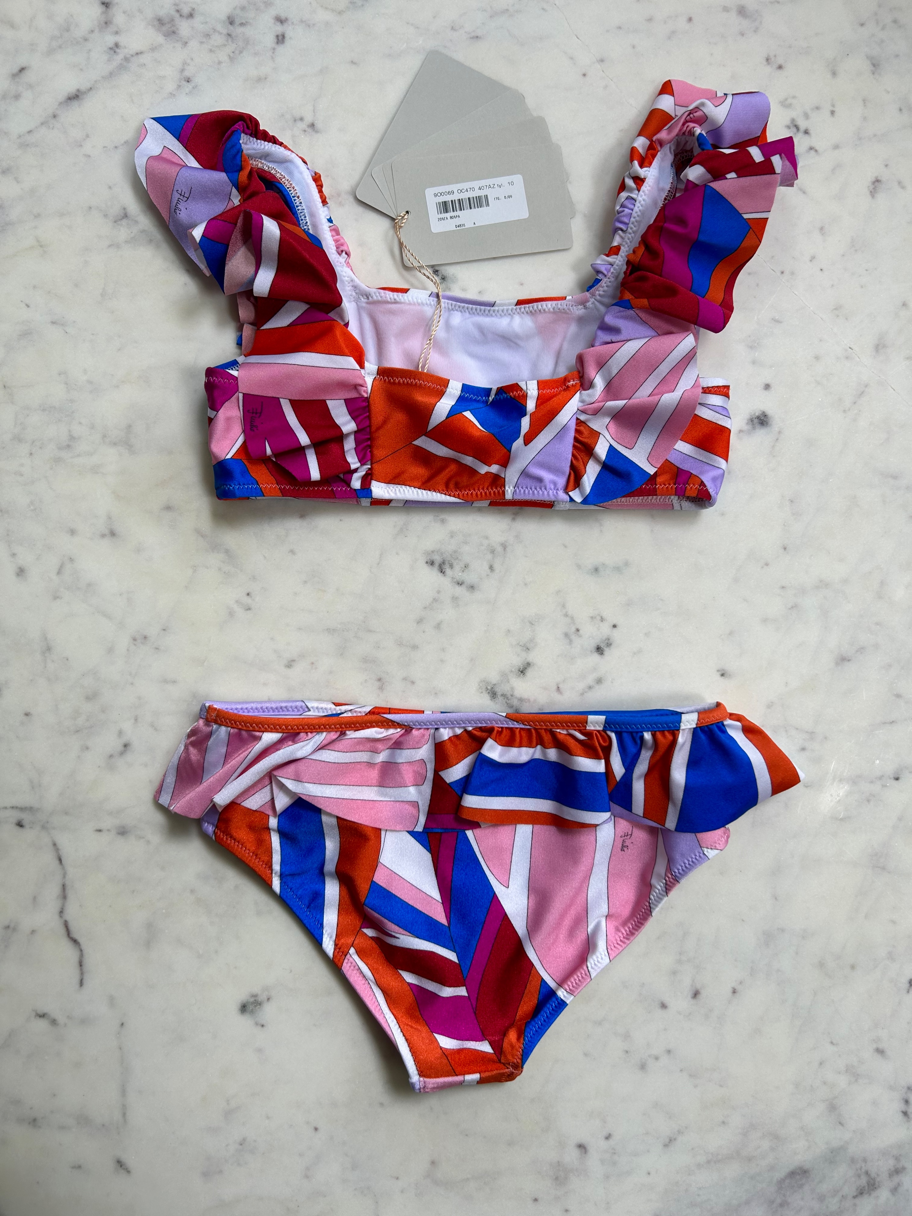 Boys Emilio Pucci Multicoloured Abstract Printed Ruffled Bikini Size 10 Years + Multicolour polyamide/elastane