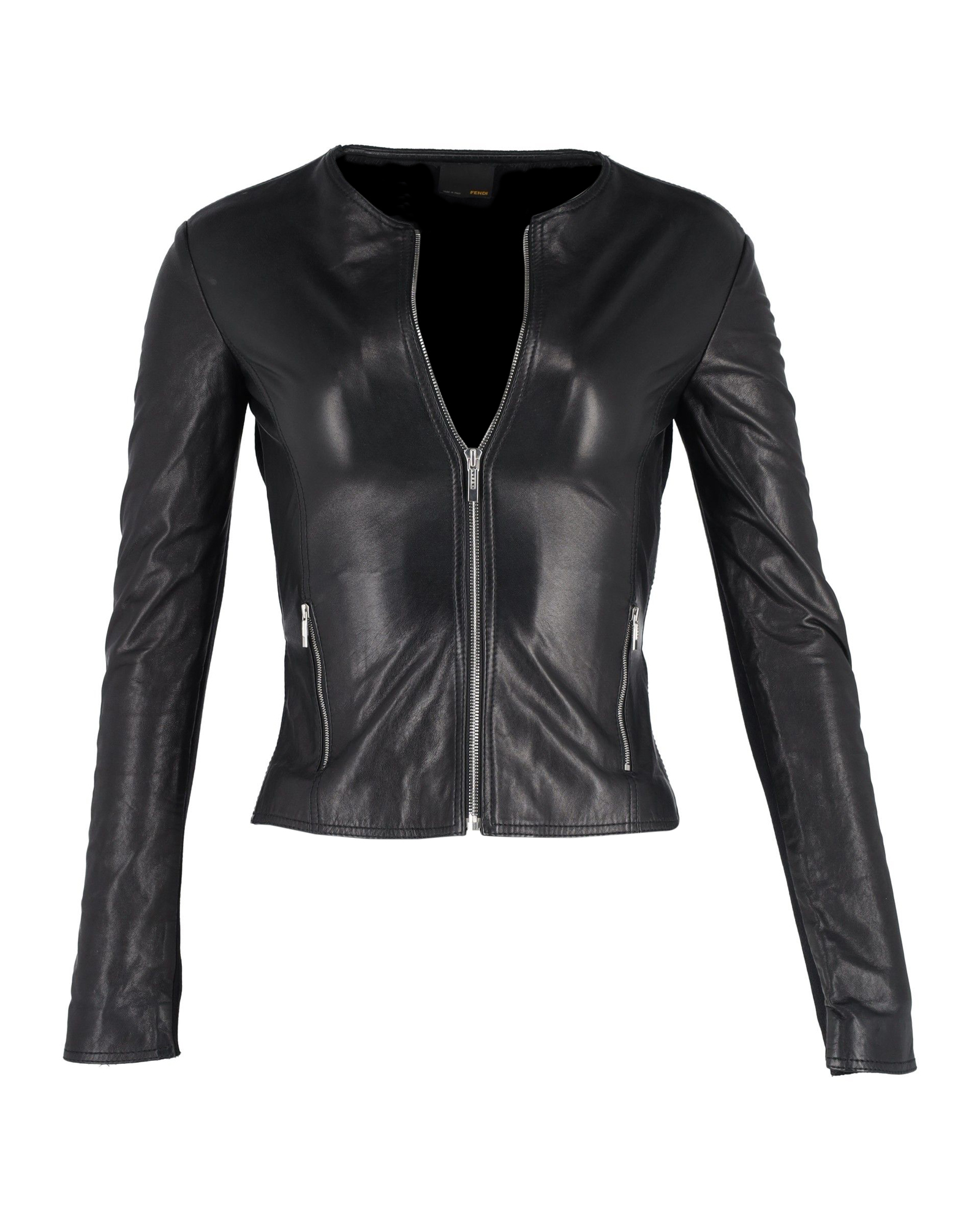 Preowned Fendi Black Leather Biker Jacket Size 38