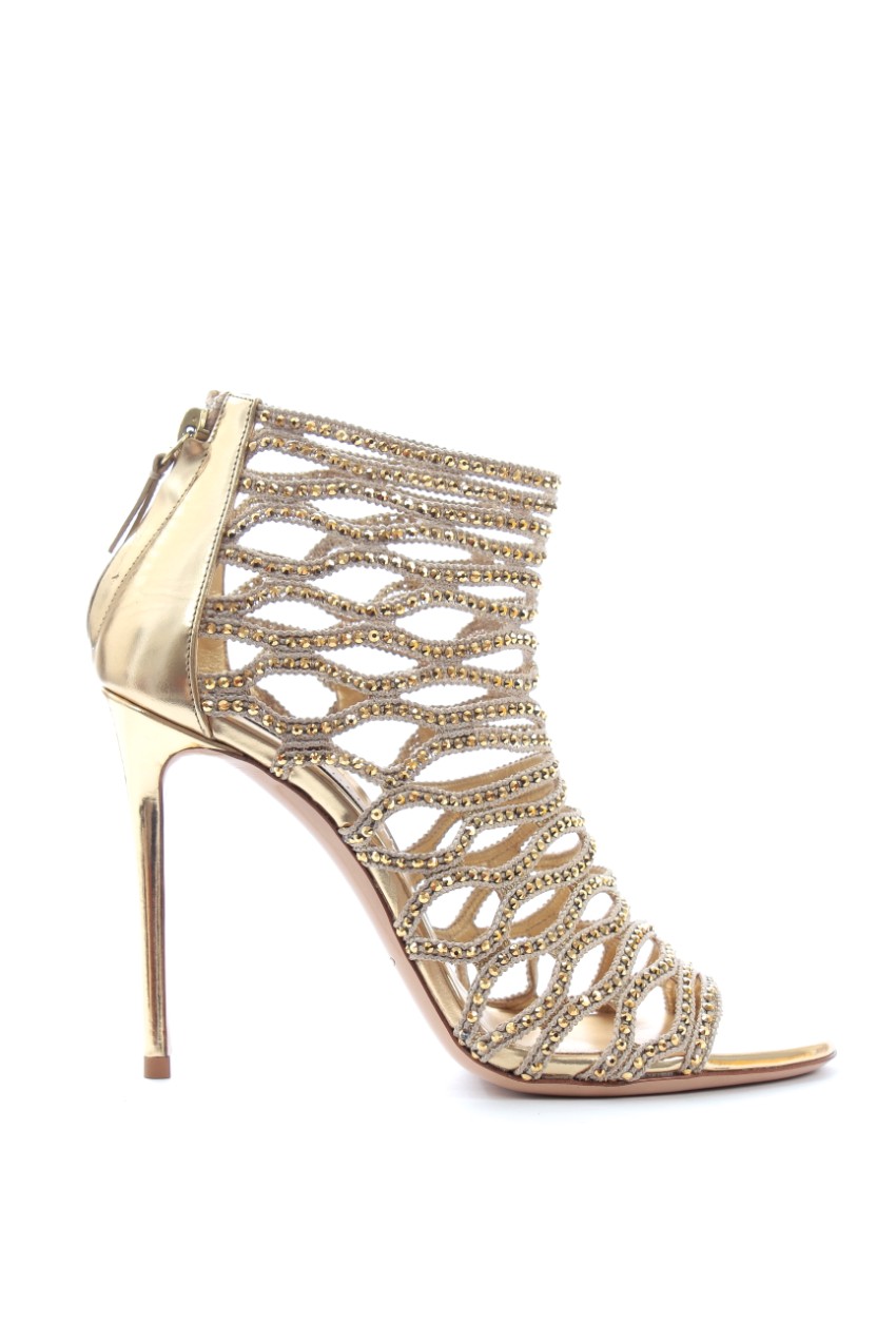 Casadei Crystal Embellished Cut-Out Caged Leather Sandals Size 36 Gold