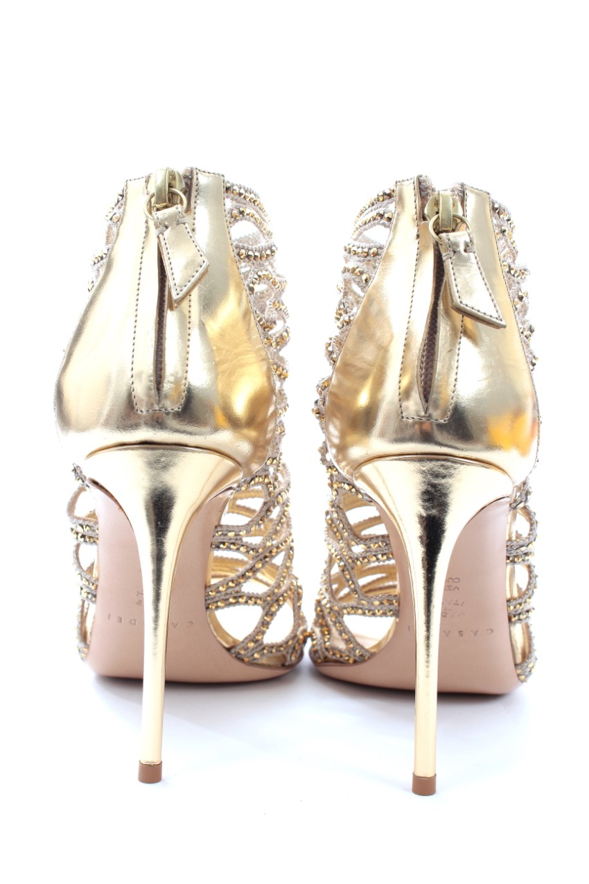 Casadei Crystal Embellished Cut-Out Caged Leather Sandals Size 36 Gold