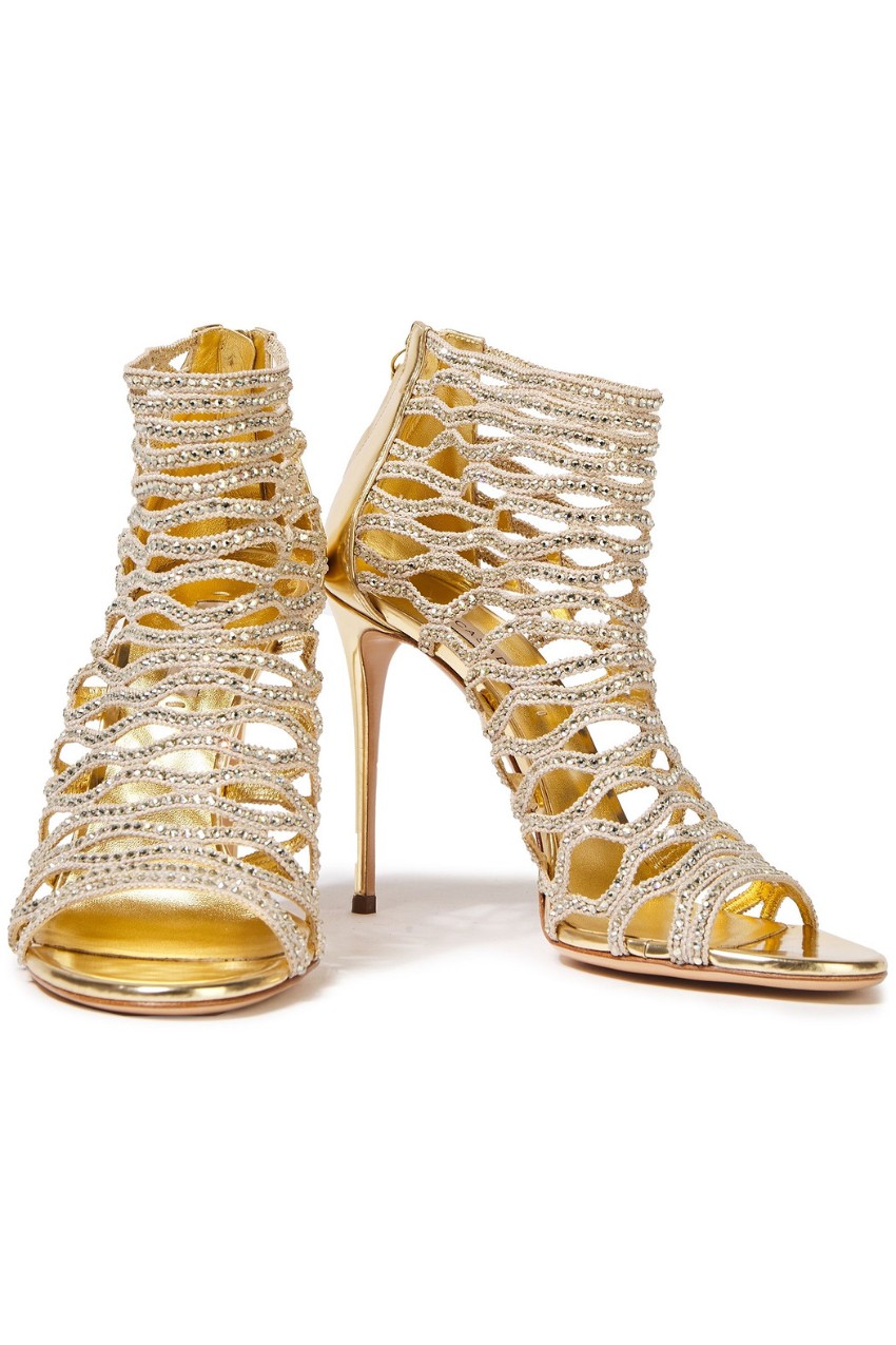 Casadei Crystal Embellished Cut-Out Caged Leather Sandals Size 36 Gold