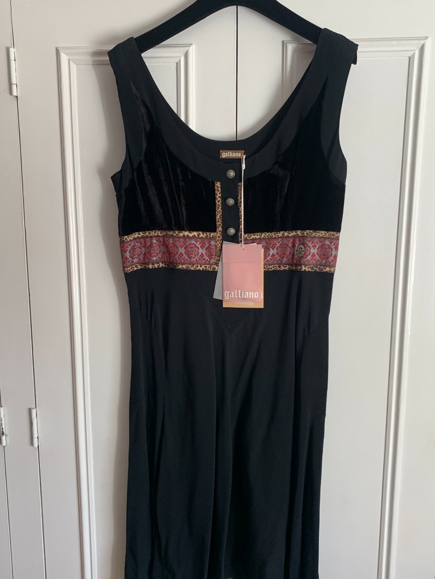 Galliano Black Satin Embroidered Dress Size M