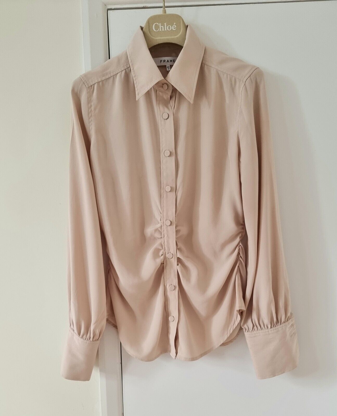 Frame Champagne stretch-silk ruched blouse Size XS beige silk