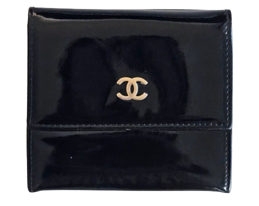 Preowned Chanel Black Patent Leather Bifold Wallet black and gold coated lambskin leather