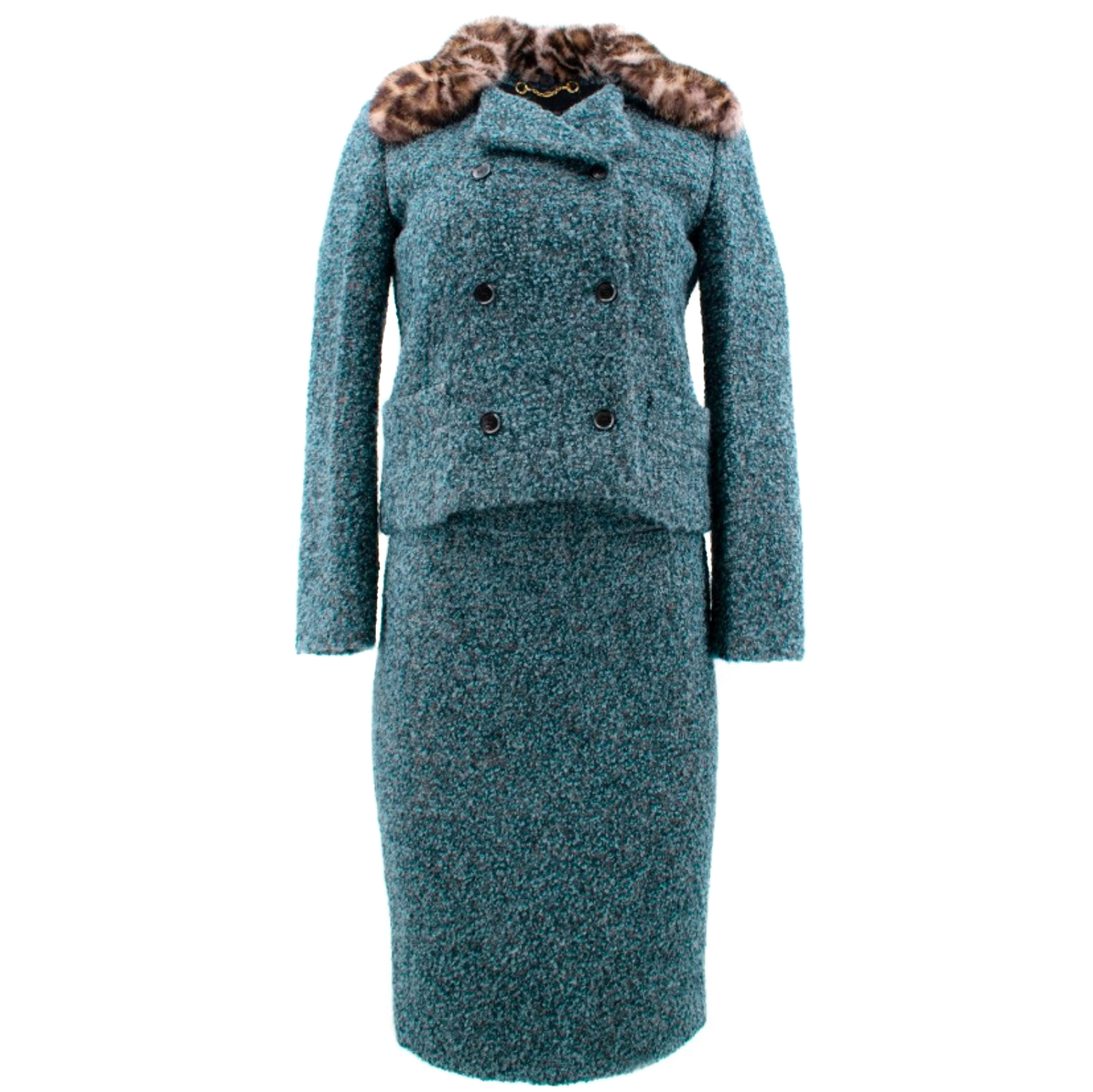 Gucci Green Alpaca  Wool Tweed Suit with Removable Mink Fur Collar Size S alpaca/wool