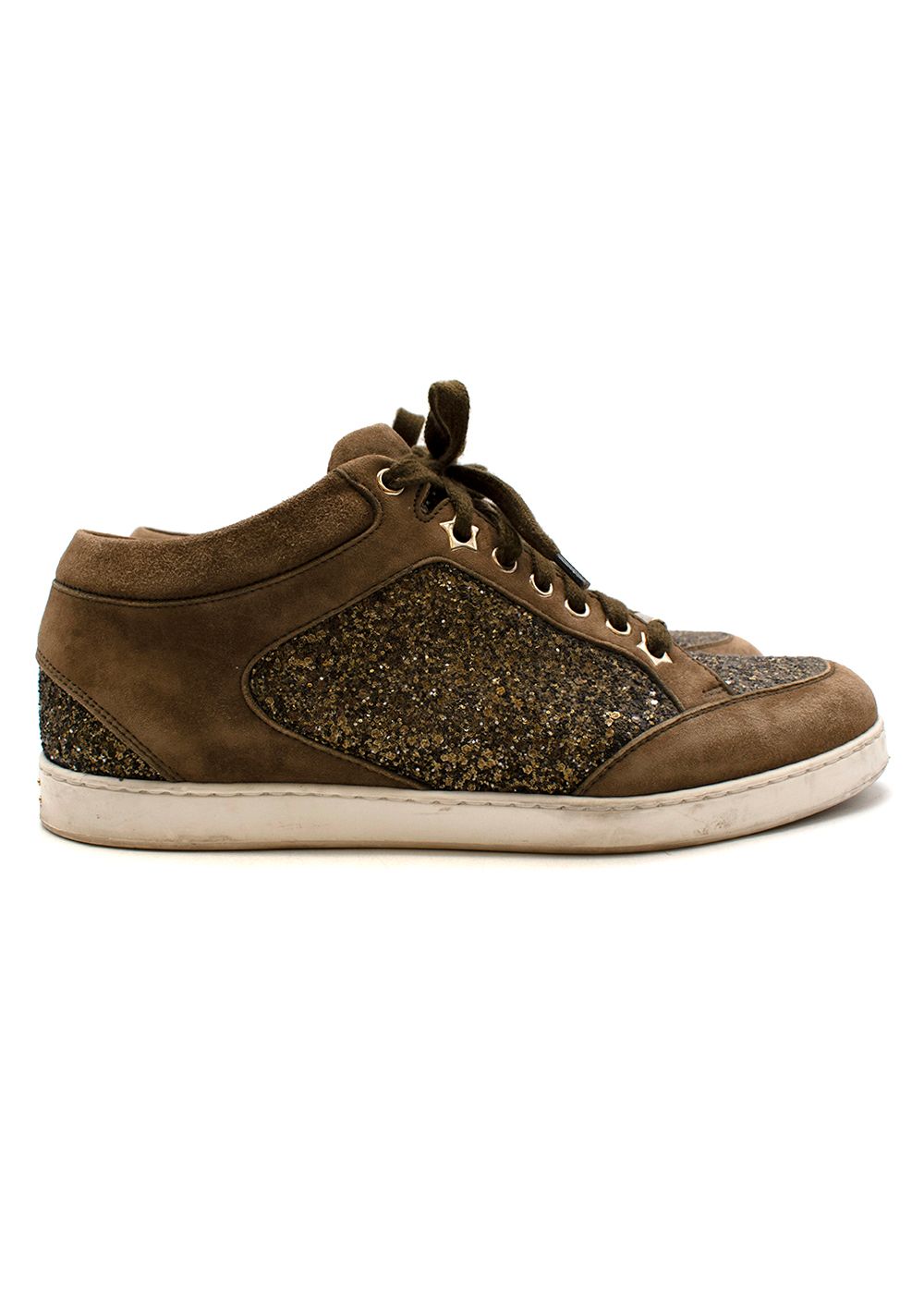 Preowned Jimmy Choo Suede Glitter Miami Low Sneakers Size 395 Brown