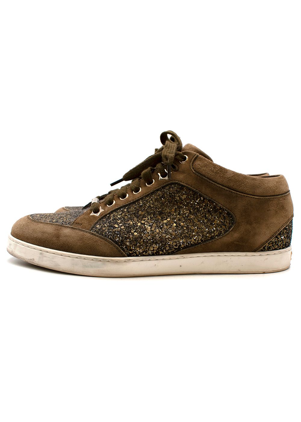 Preowned Jimmy Choo Suede Glitter Miami Low Sneakers Size 395 Brown