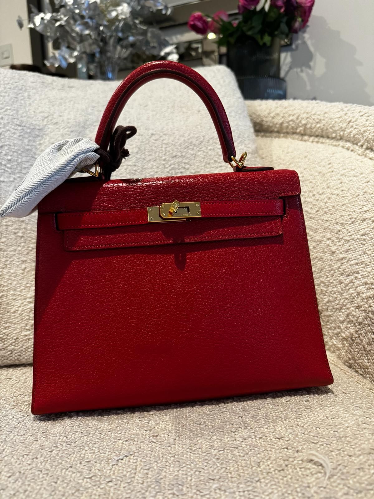 Preowned Hermes Vermillion Chevre Kelly Sellier 25 GHW chevre leather