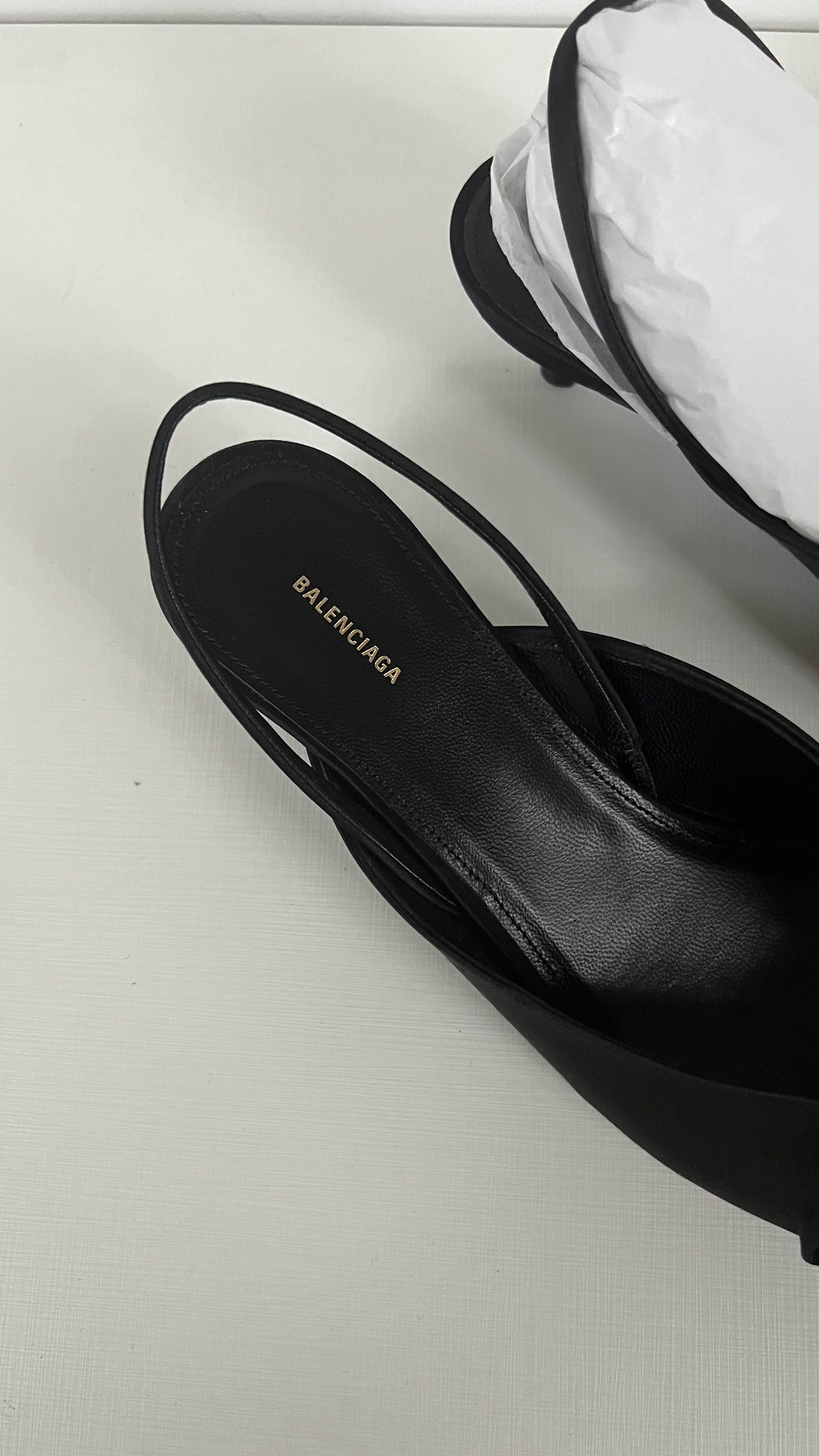 Balenciaga Black Satin 40mm Knife Slingback Mules Size 39 silk