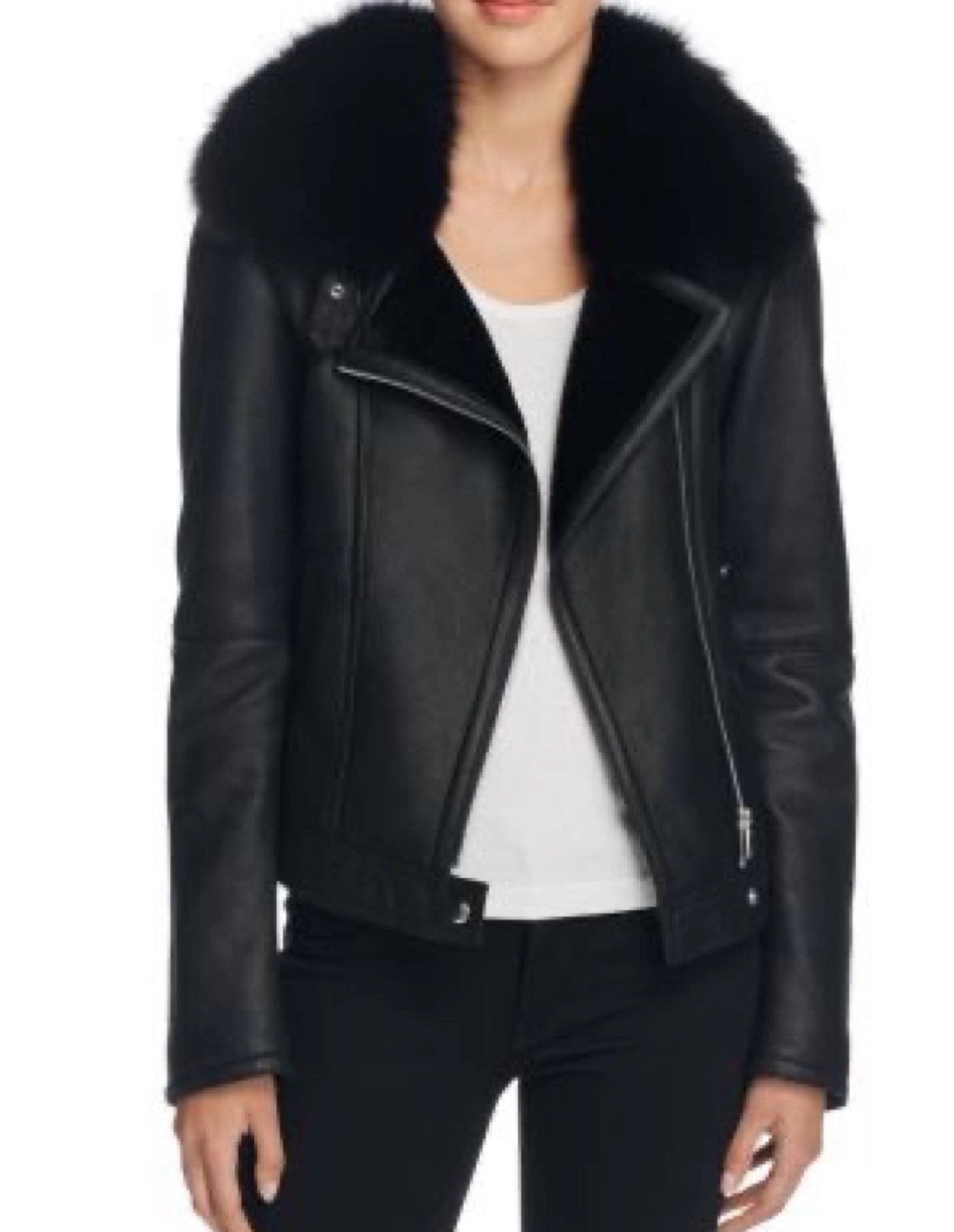 Theory Black Shearling Aviator Jacket Size XS shearling leather/fox collar