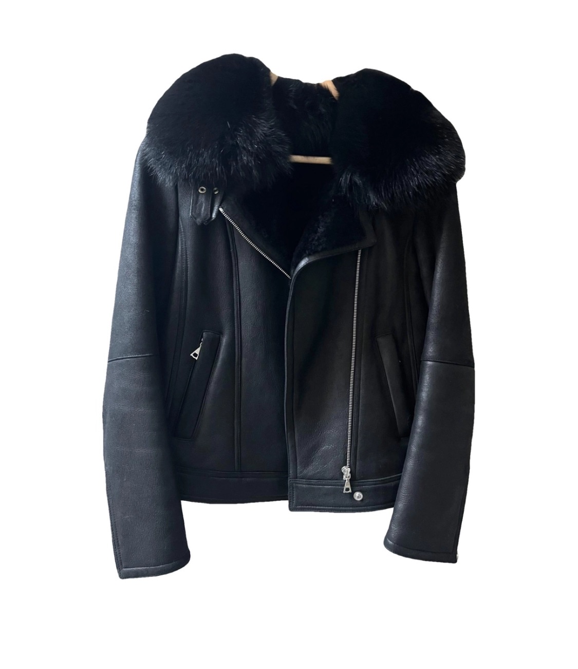 Theory Black Shearling Aviator Jacket Size XS shearling leather/fox collar