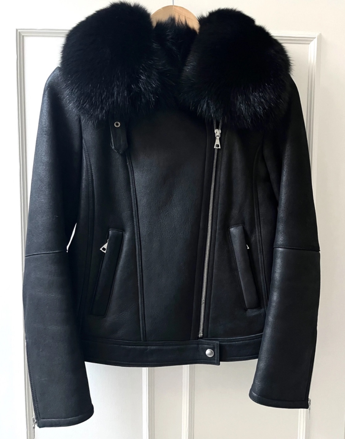 Theory Black Shearling Aviator Jacket Size XS shearling leather/fox collar