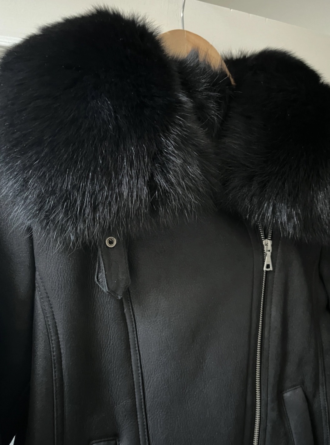 Theory Black Shearling Aviator Jacket Size XS shearling leather/fox collar