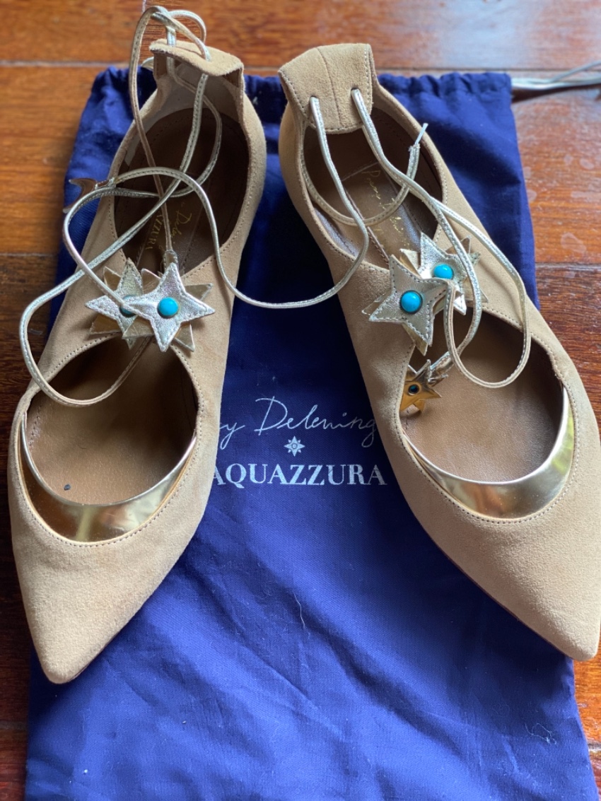 Preowned Aquazzura X Poppy Delevingne nude suede flats Size 37 Beige/Nude