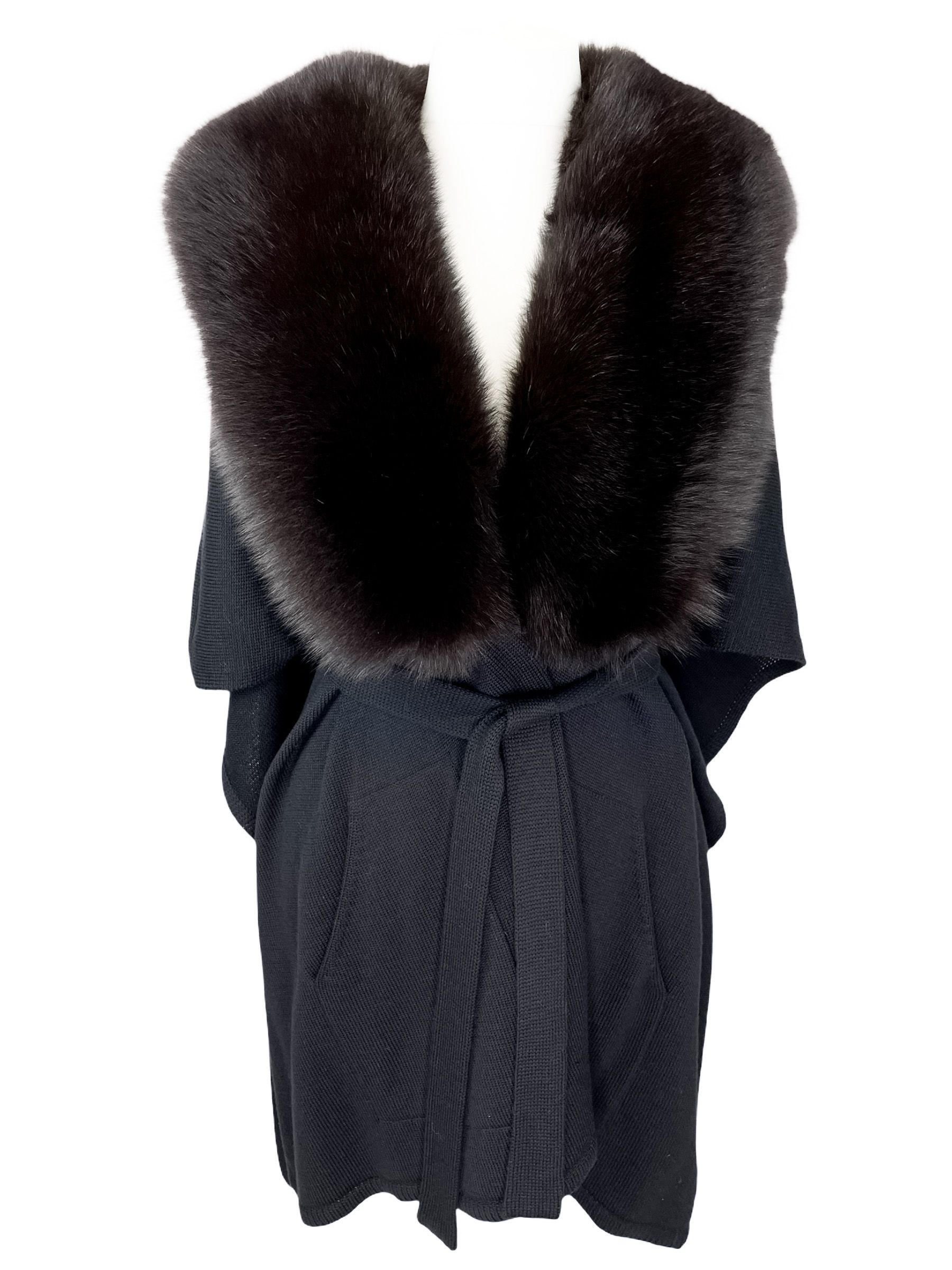 FurbySD Chocolate Merino Wool Fox Fur Trimmed Cape Black  Dark Brown