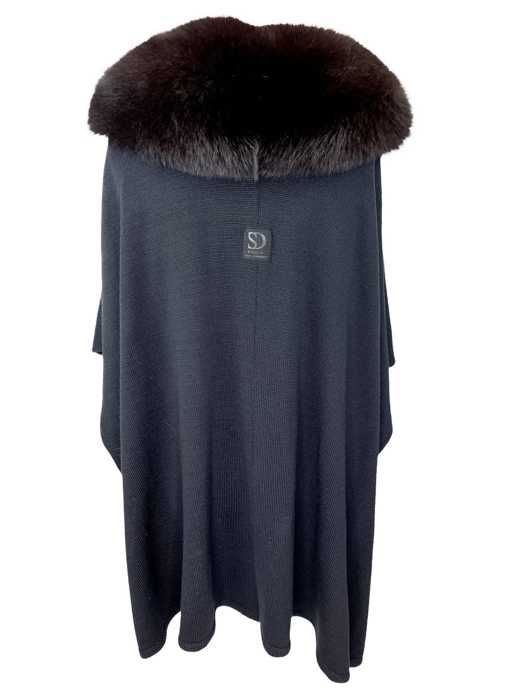 FurbySD Chocolate Merino Wool Fox Fur Trimmed Cape Black  Dark Brown