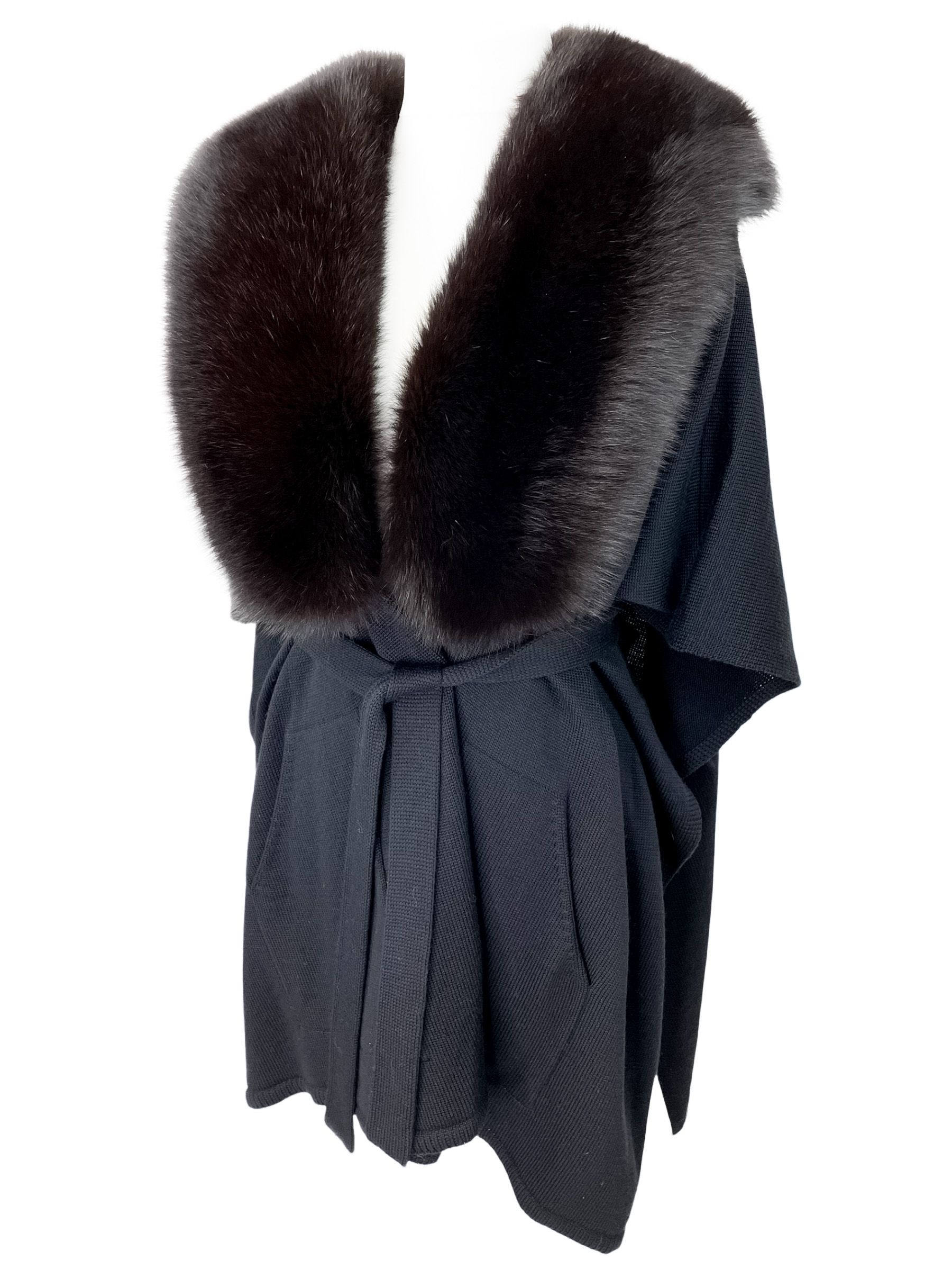 FurbySD Chocolate Merino Wool Fox Fur Trimmed Cape Black  Dark Brown