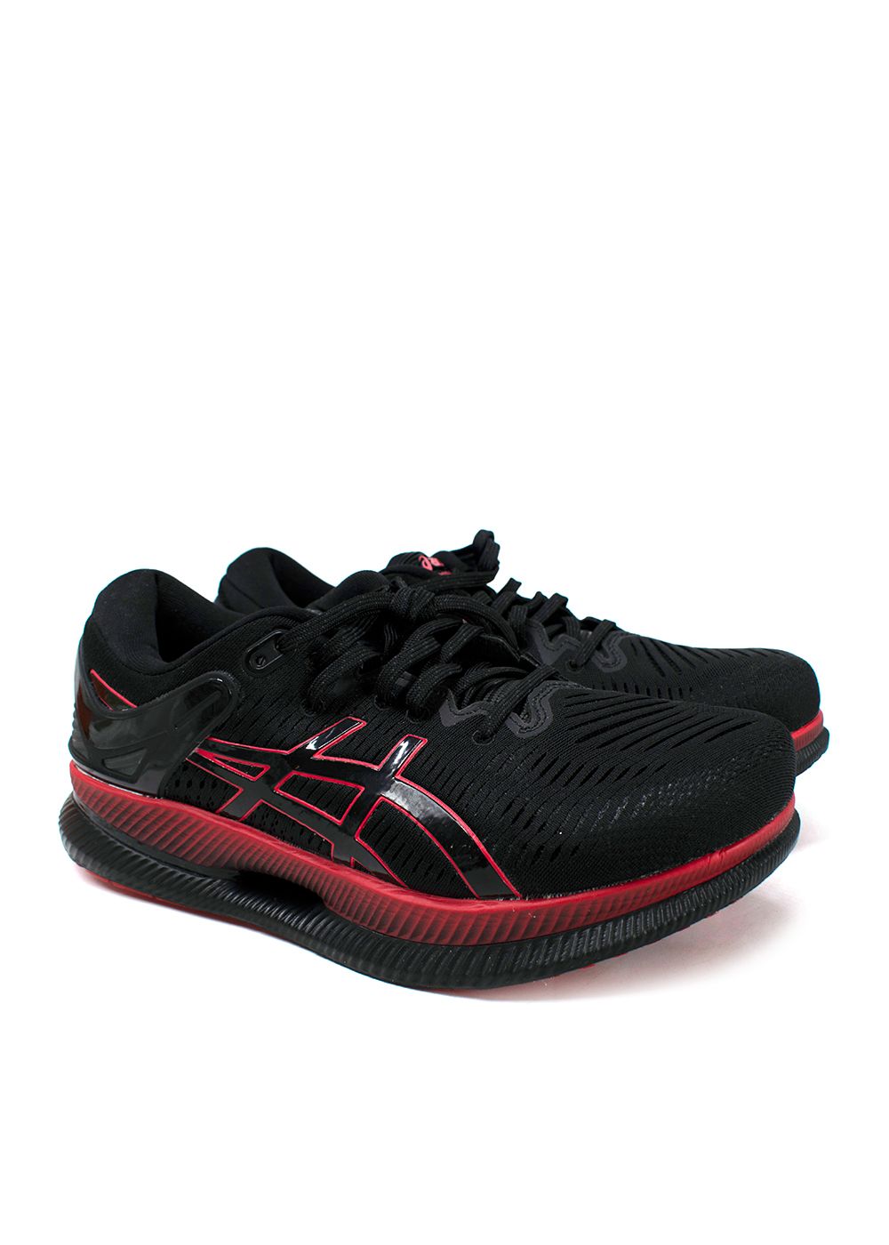 Men's Asics Black and Red Metaride Trainers Size 445 black red polyester