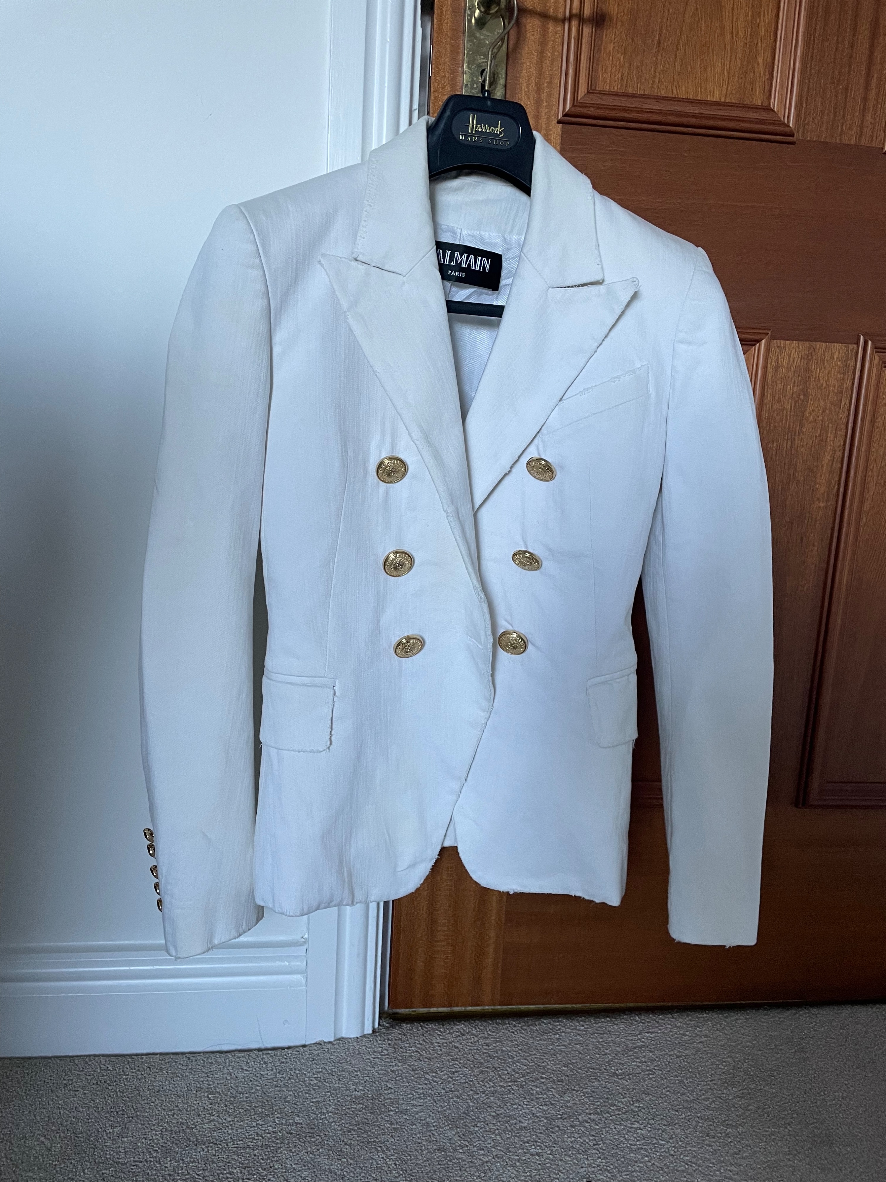 Preowned Balmain Off White Distressed Denim Blazer Size 36